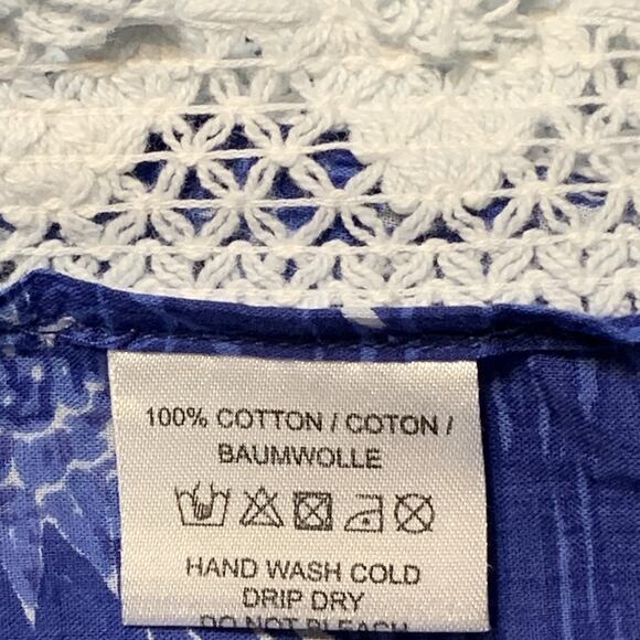 Pure Nordic Cotton House Dress Medium Beach Cover Kaftan Boho Blue Floral & Lace - Picture 7 of 8